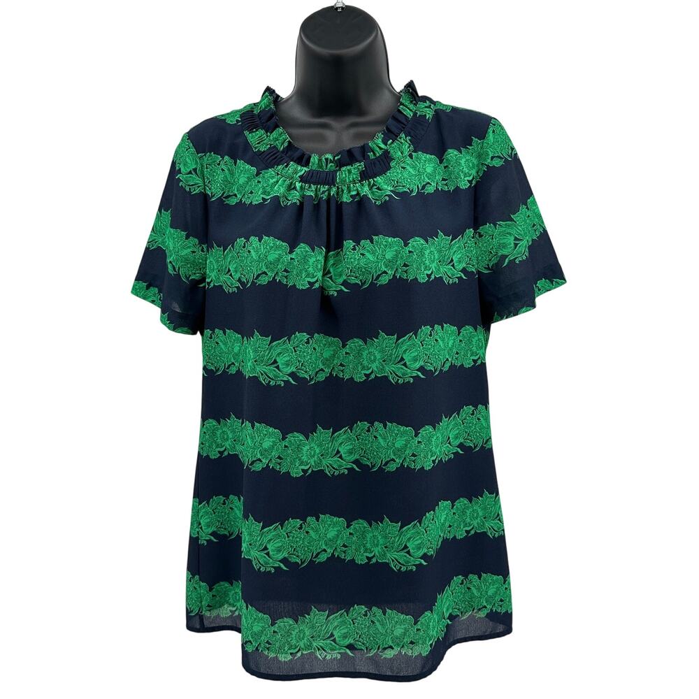 J.Crew Ruffle Crew Neck Top Wmn 4 Navy Blue/Green Beanstalk Stripe A9171 Blouse
